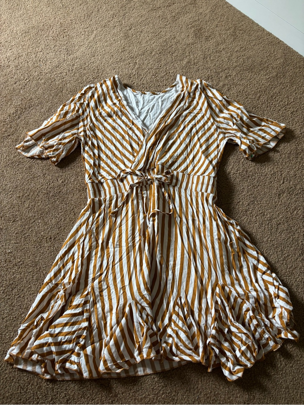 Amazon Mustard and White Striped Wrap Mini Dress Medium